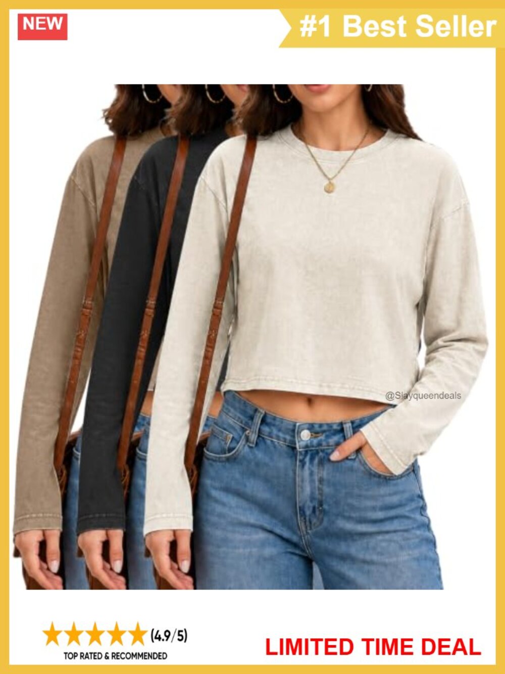 Women's Long Sleeve Crop Top Loose Fit Acid Wash Cotton T-Shirt